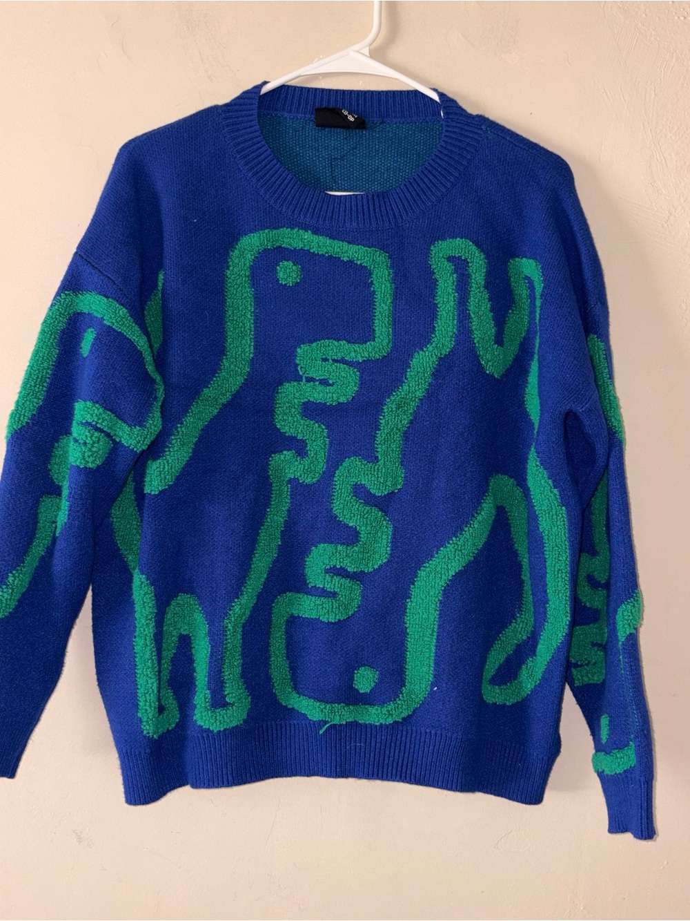 Knit Co-Op Women's Small Blue Green Abstract Dinosaur Knit Crewneck Sweater S